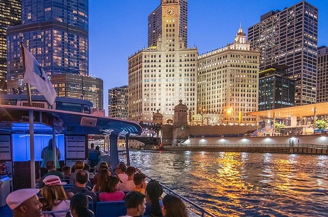 Chicago By Night River & Lake Cruise - Navy Pier area vibes: Centennial Wheel and the shopping/dining stretch